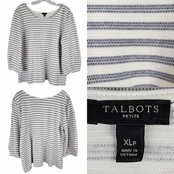 Talbots Shirt Top Womens Size XLp Petite Long Sleeve White Blue Striped Terry - Picture 1 of 8
